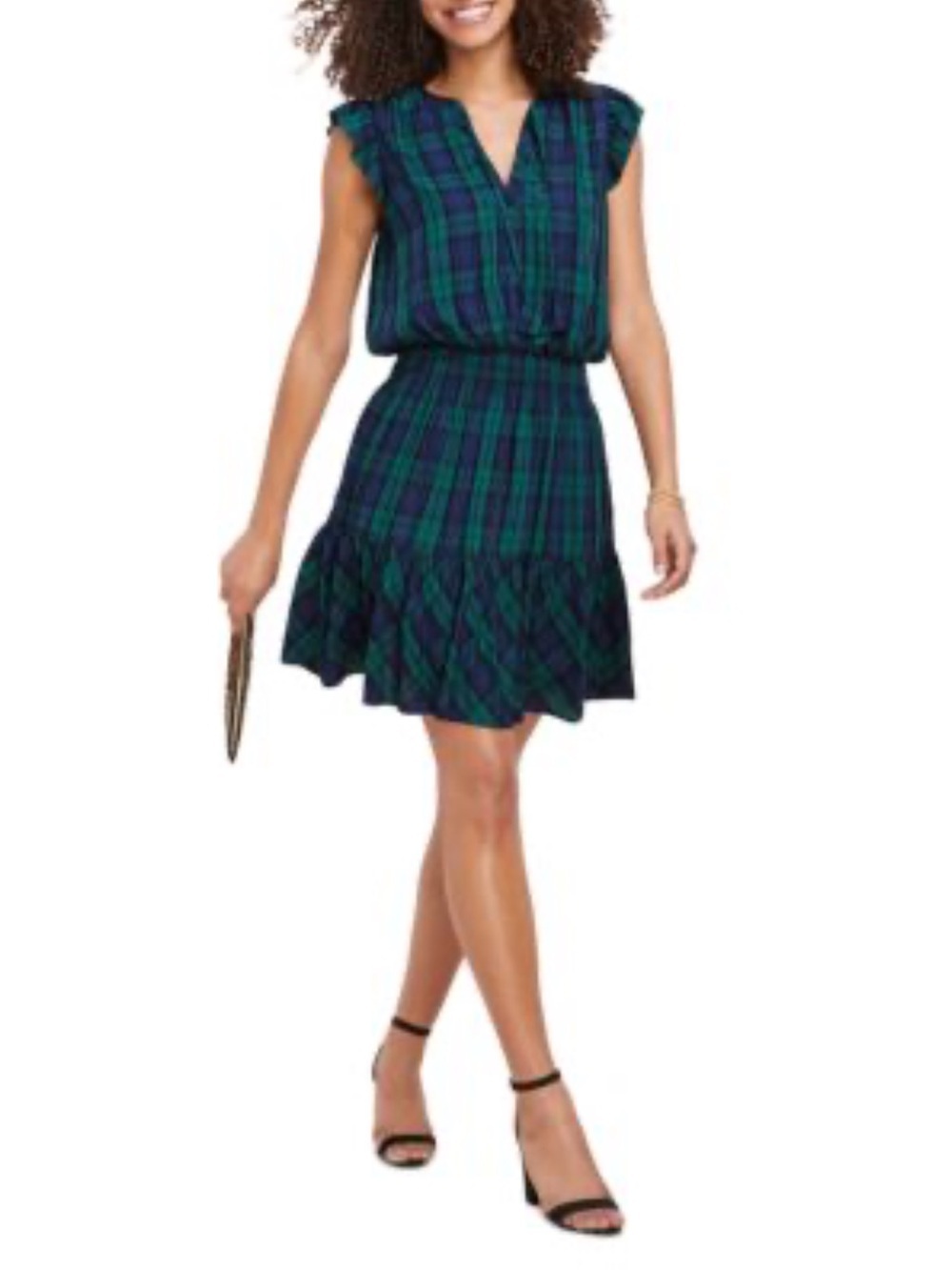 Vineyard Vines Blackwatch Green Blue Plaid Smocked Ruffle Dress size Large